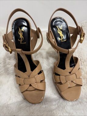 Yves Saint Laurent Beige Patent Leather Braided T-Strap Heels
